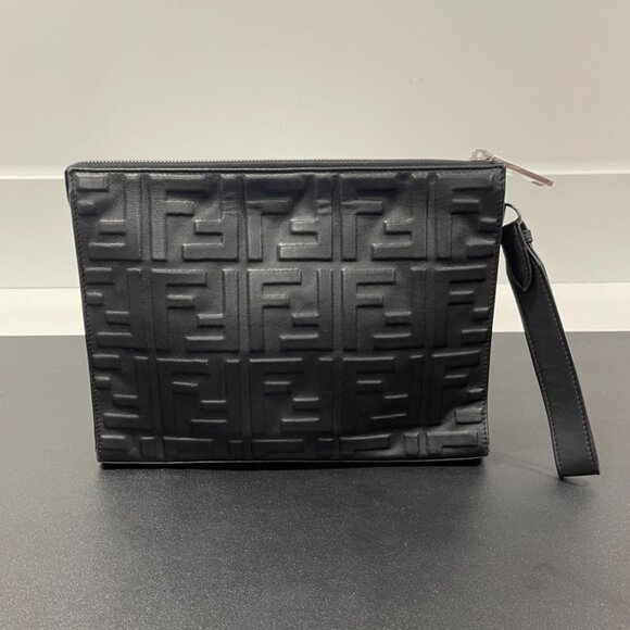 Fendi Vitello Grace Zucca Embossed FF 1974 Embossed Flat Pouch Black (JB1128) - Picture 2 of 9